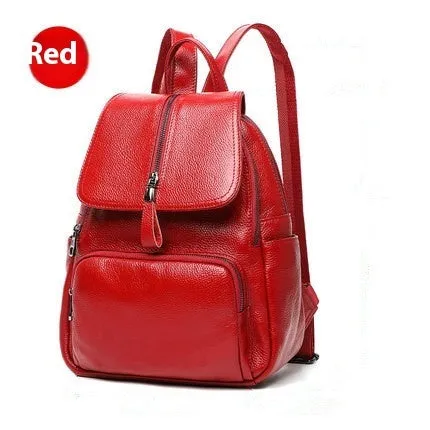 Genuine leather blue women's backpack showing front sandwich pocket and street trend design.