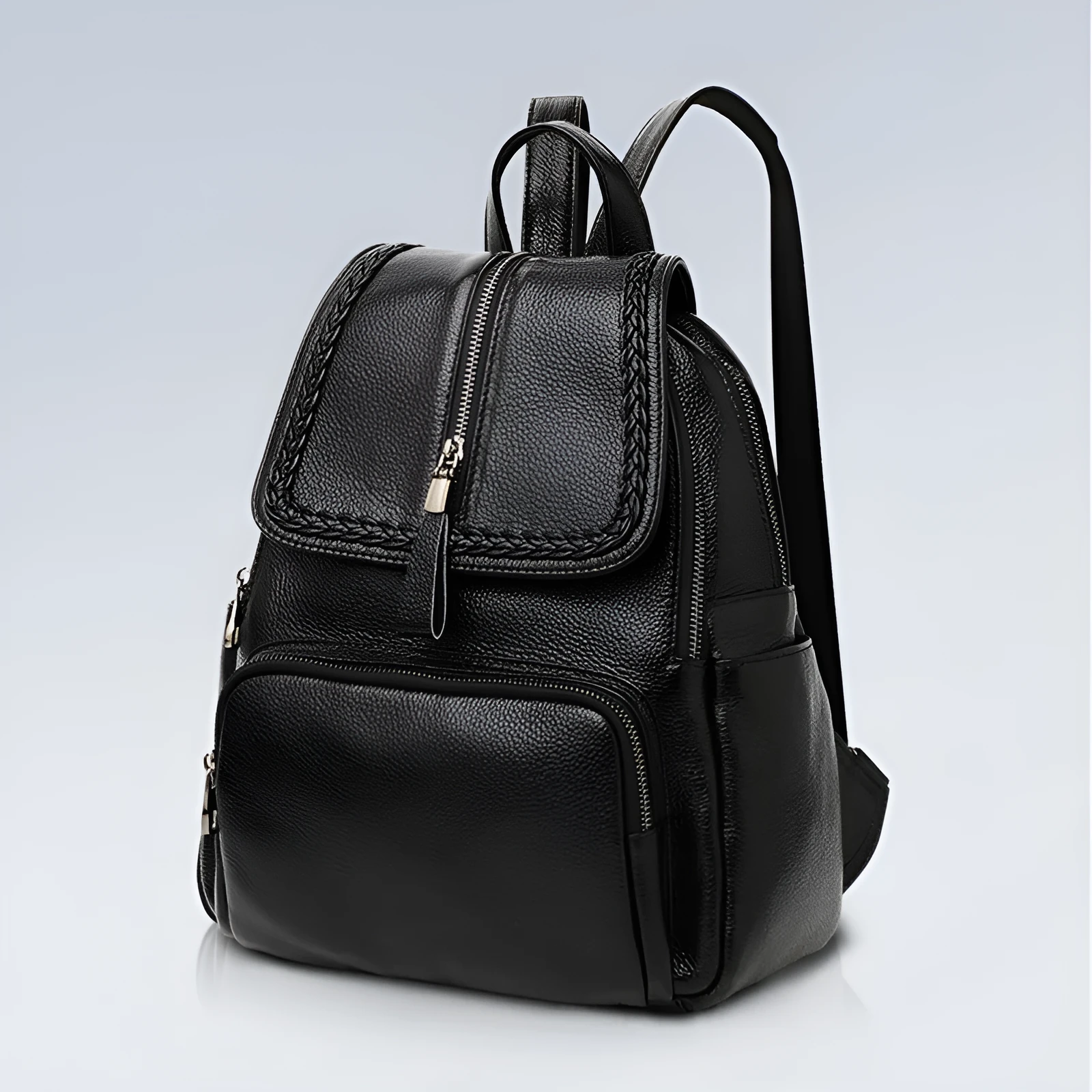 Genuine leather blue women's backpack showing front sandwich pocket and street trend design.
