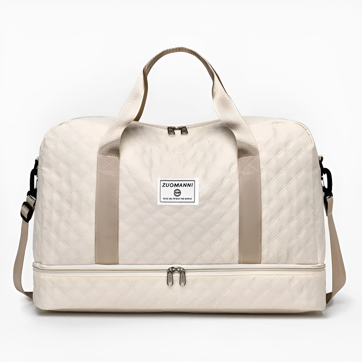 Large oxford cloth travel bag in a solid colour with visible sewing thread details, shown with the main compartment open.