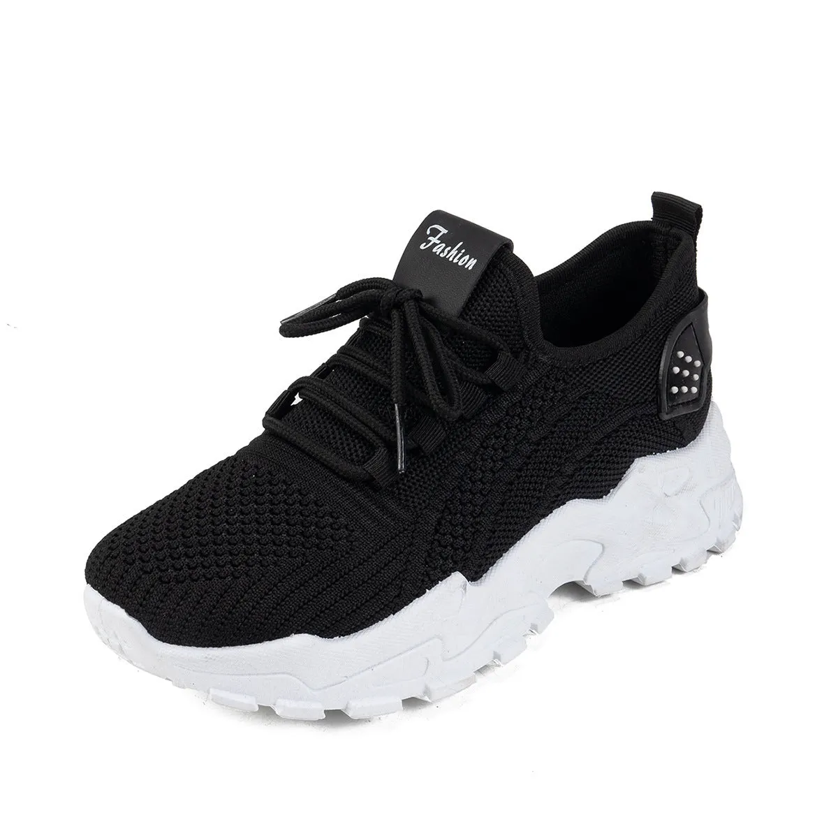 Women's white Flyknit mesh casual sports shoes with flat heel and lace-up front on a plain background.