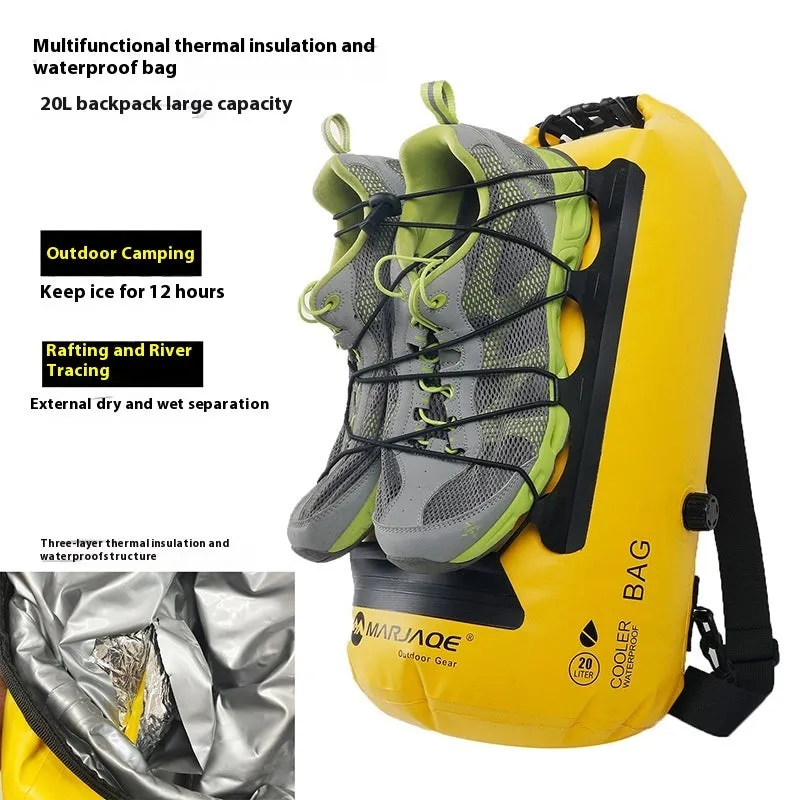 Yellow waterproof PVC backpack with 20L capacity showing dry-wet separation compartments for outdoor use