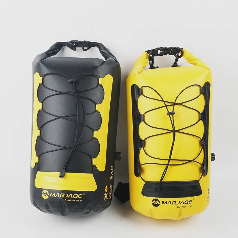 Yellow waterproof PVC backpack with 20L capacity showing dry-wet separation compartments for outdoor use