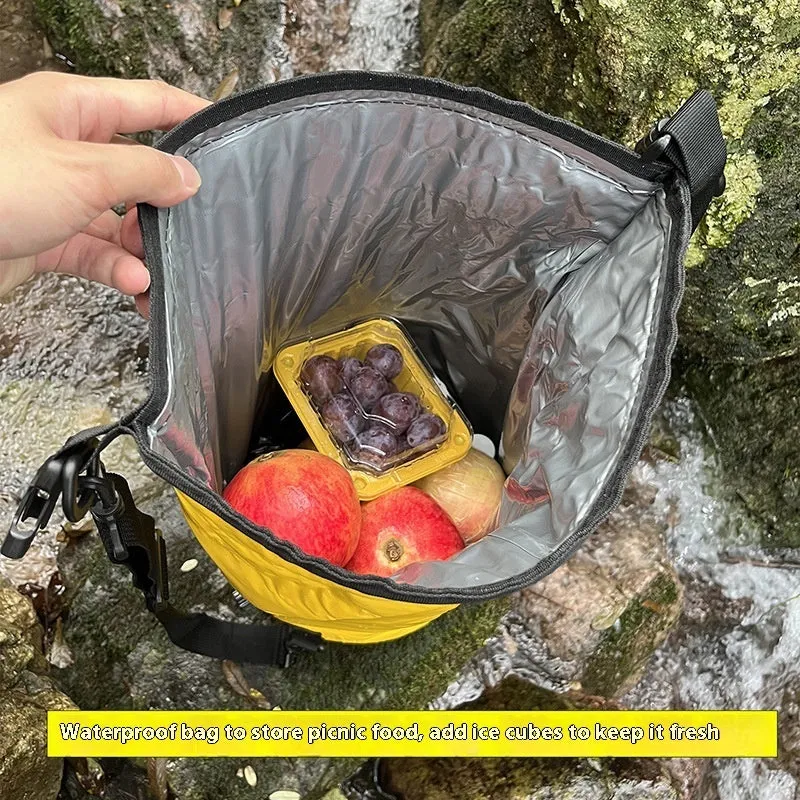 Yellow waterproof PVC backpack with 20L capacity showing dry-wet separation compartments for outdoor use