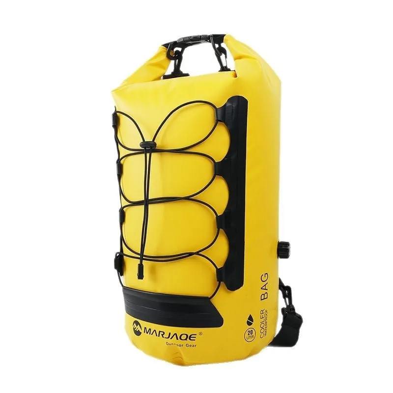 Yellow waterproof PVC backpack with 20L capacity showing dry-wet separation compartments for outdoor use
