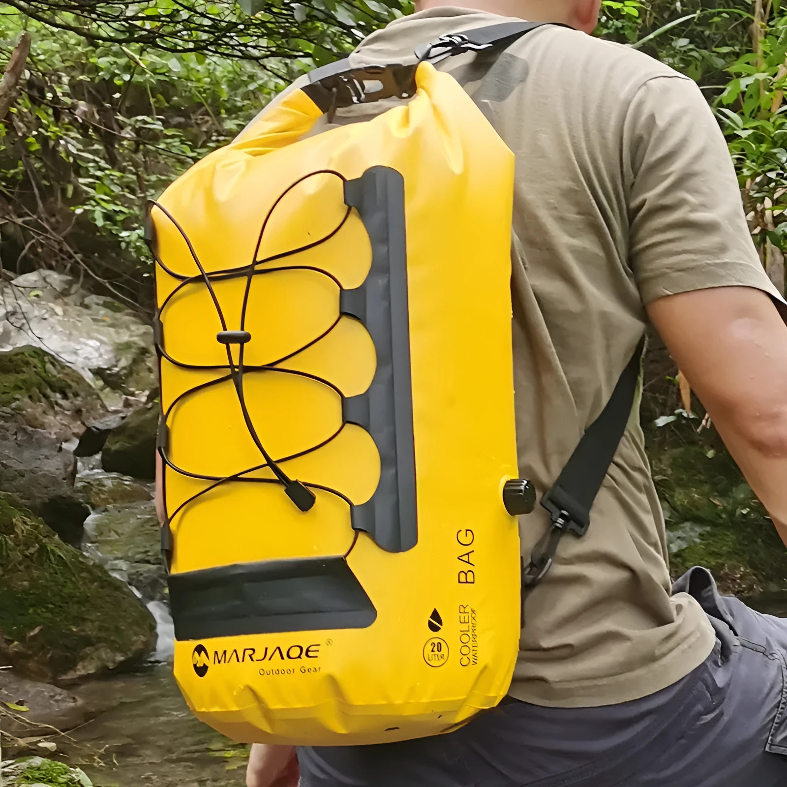 Yellow waterproof PVC backpack with 20L capacity showing dry-wet separation compartments for outdoor use