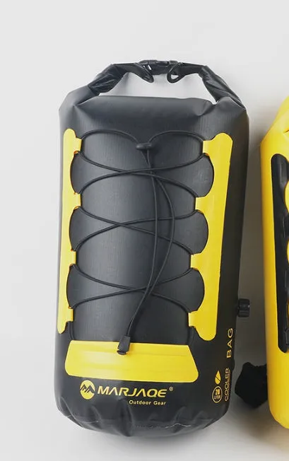 Yellow waterproof PVC backpack with 20L capacity showing dry-wet separation compartments for outdoor use
