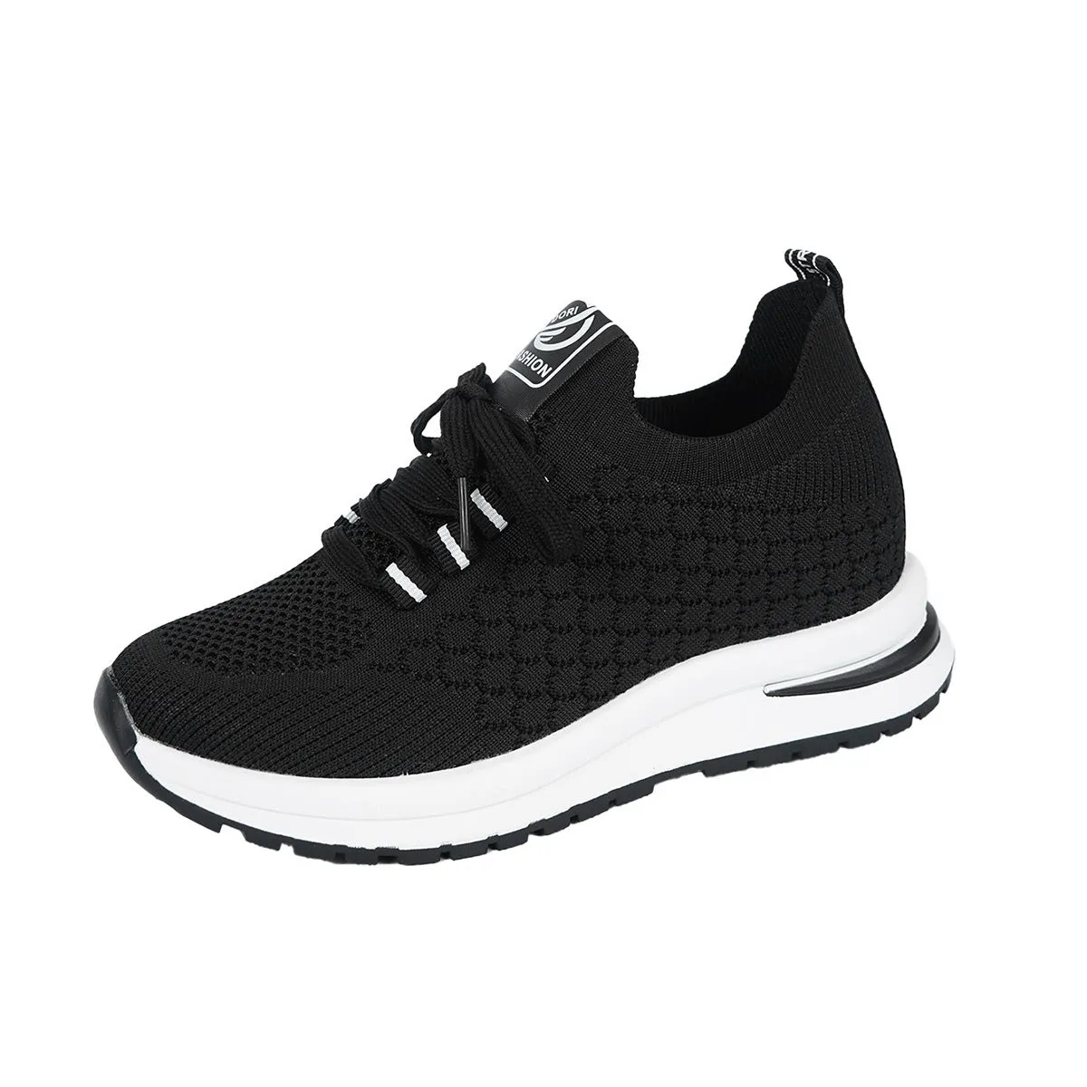 Women's black and white mesh platform sneakers with lace-up front and rubber sole