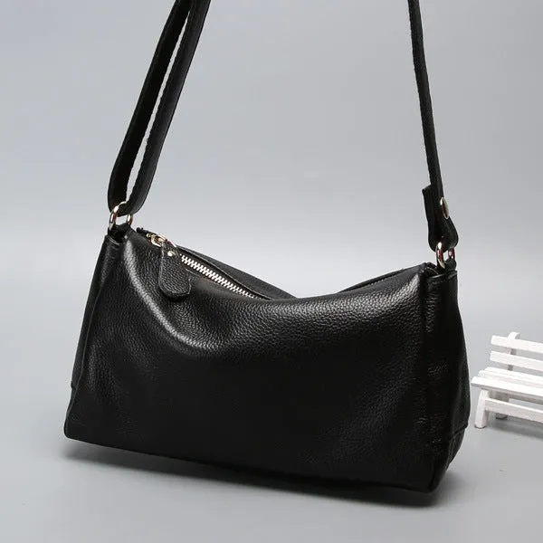A soft genuine leather women's crossbody bag in a horizontal square shape, shown in one of four available colours.