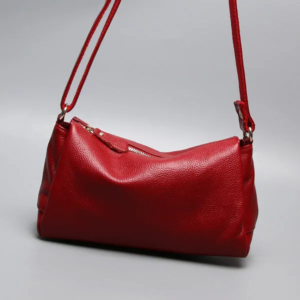 A soft genuine leather women's crossbody bag in a horizontal square shape, shown in one of four available colours.