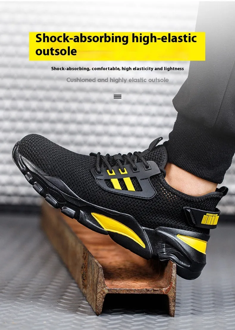 Men's low-top Flyknit work shoes with a steel toe cap in black, grey, and yellow colour options.