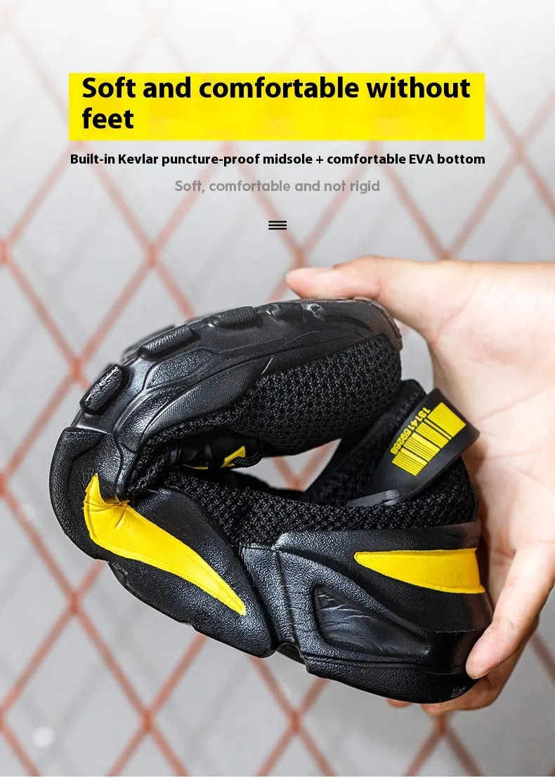 Men's low-top Flyknit work shoes with a steel toe cap in black, grey, and yellow colour options.