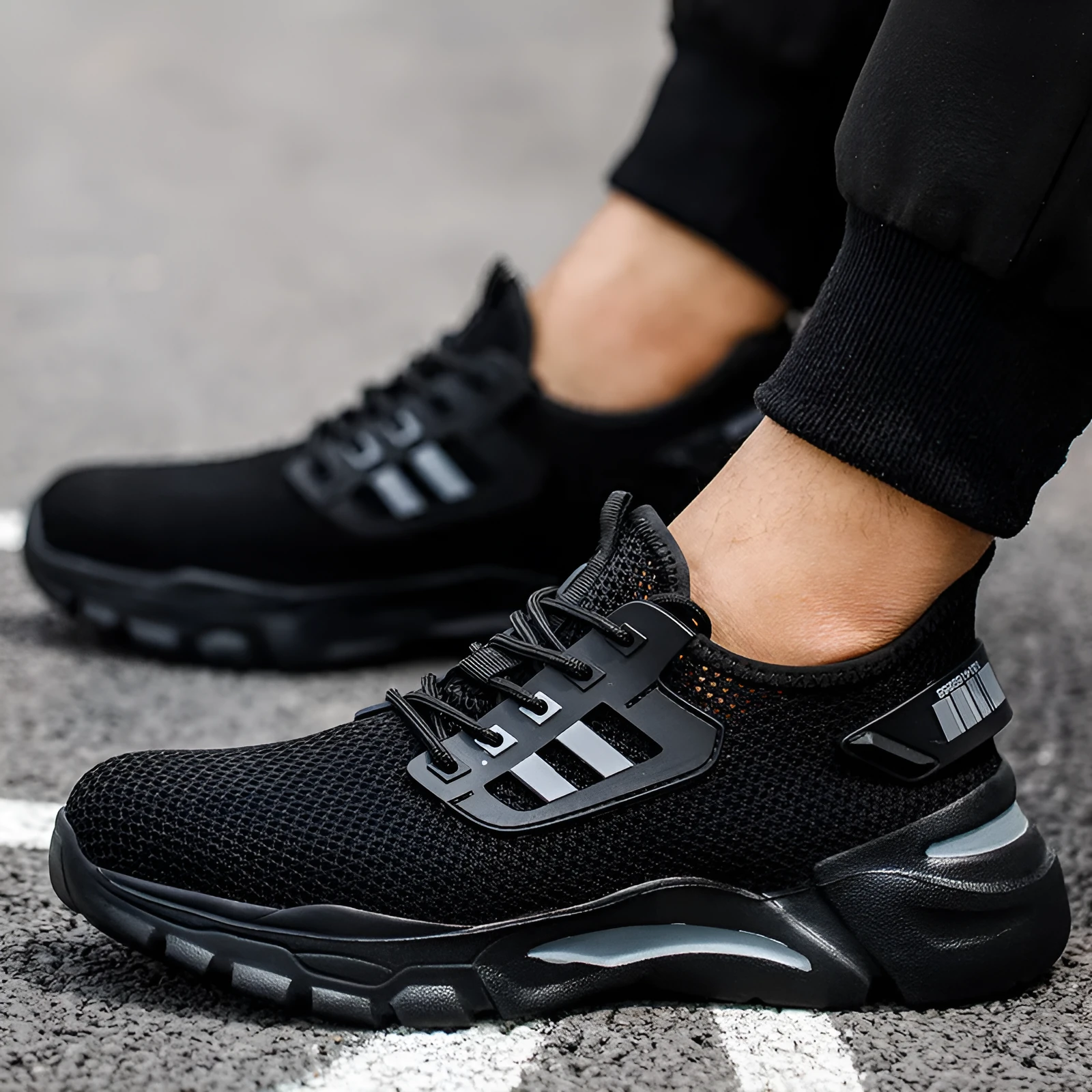 Men's low-top Flyknit work shoes with a steel toe cap in black, grey, and yellow colour options.