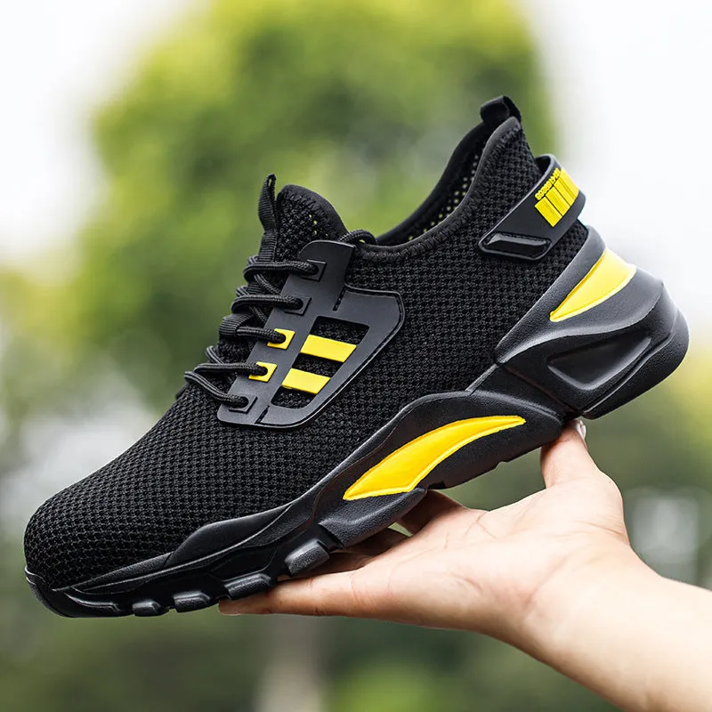 Men's low-top Flyknit work shoes with a steel toe cap in black, grey, and yellow colour options.