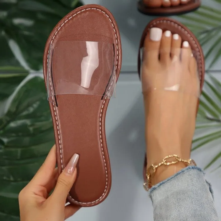Women's flat transparent slippers in artificial PU, shown in brown, rose red, and white colour options.