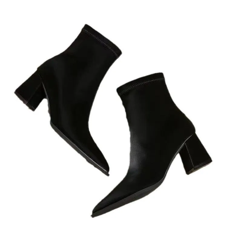 Women's khaki stretch suede pointed Martin boots with wedge heel on rubber sole