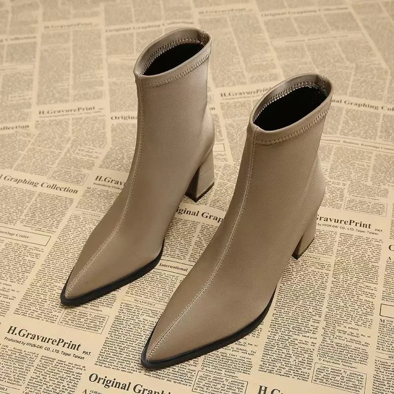 Women's khaki stretch suede pointed Martin boots with wedge heel on rubber sole