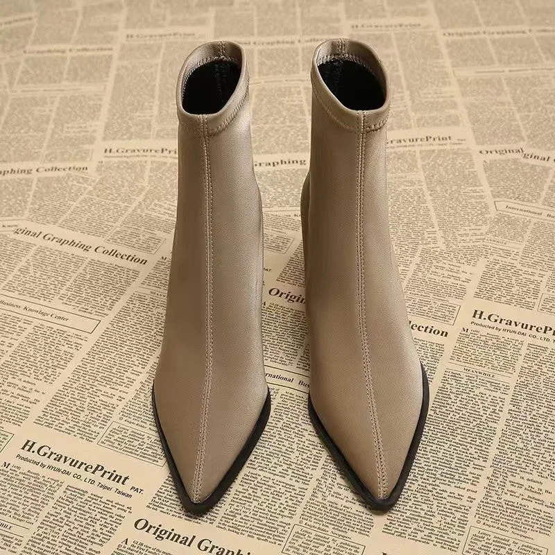 Women's khaki stretch suede pointed Martin boots with wedge heel on rubber sole
