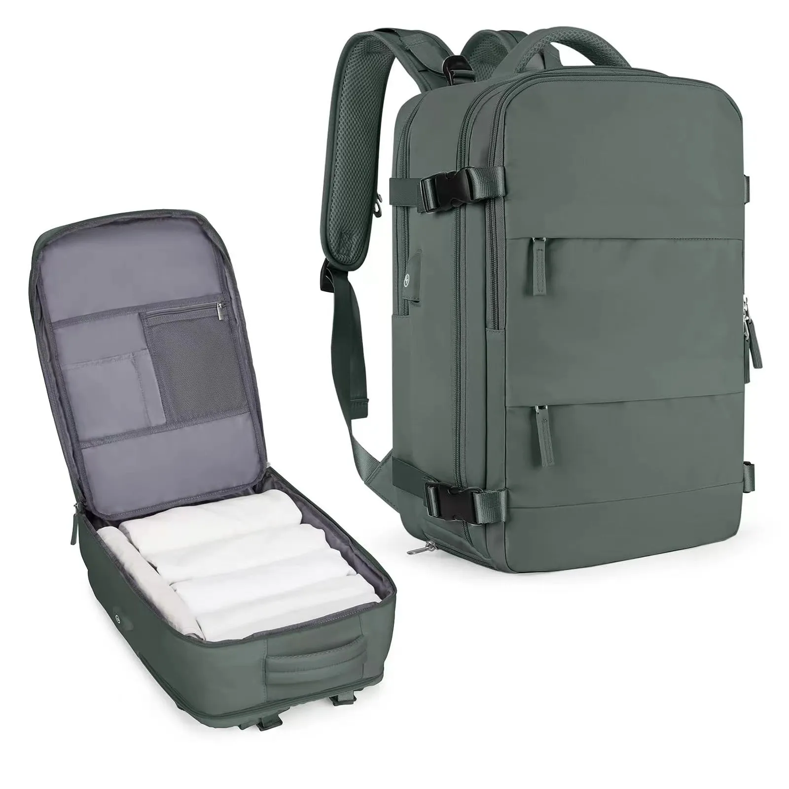 Large black waterproof mummy-style nylon backpack on a neutral background.