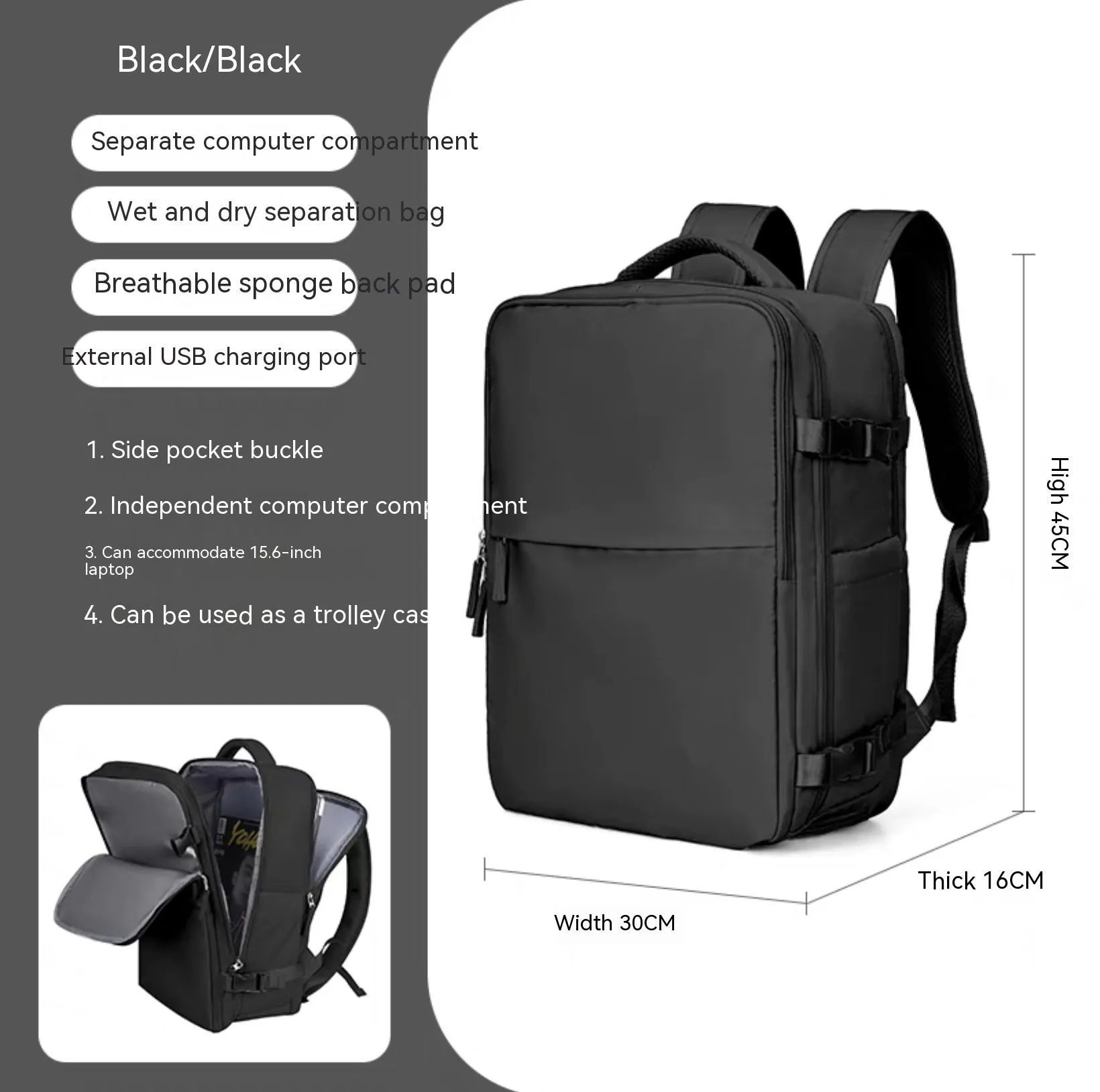 Large black waterproof mummy-style nylon backpack on a neutral background.