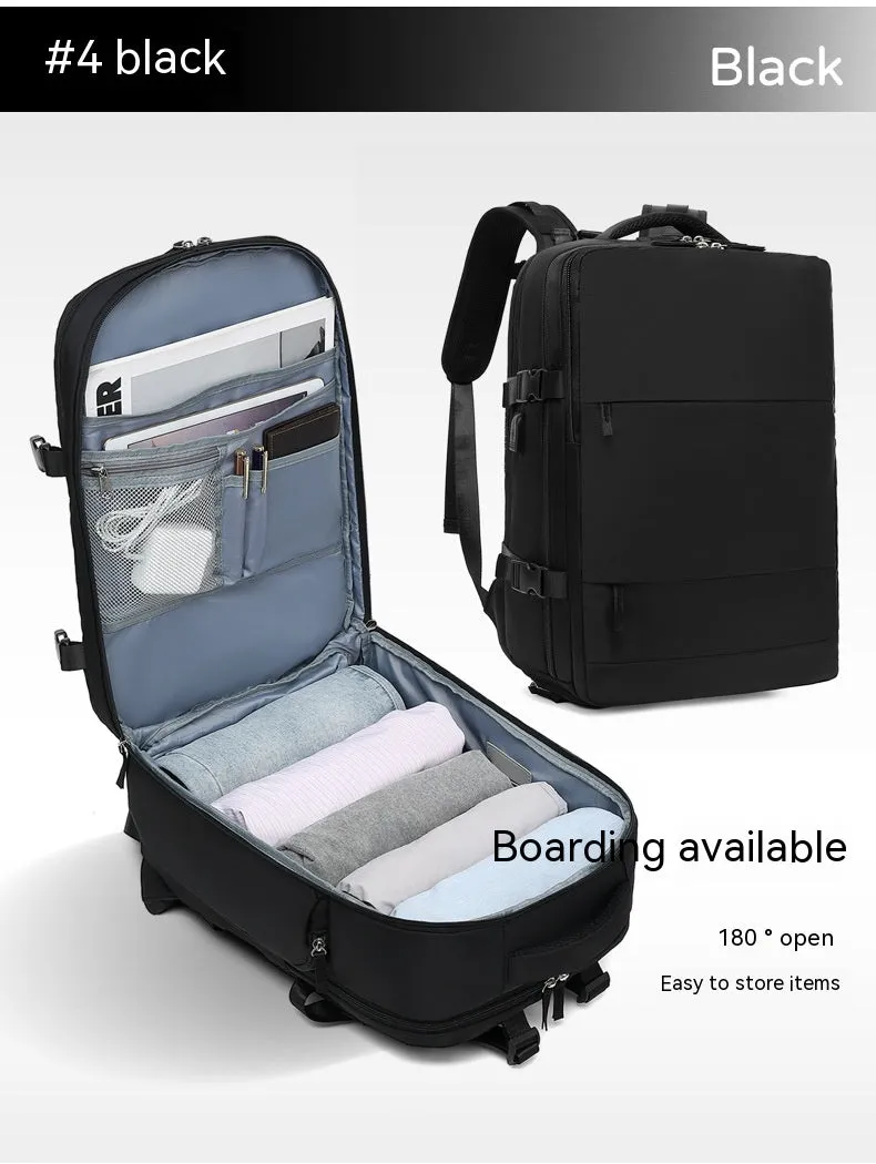 Large black waterproof mummy-style nylon backpack on a neutral background.