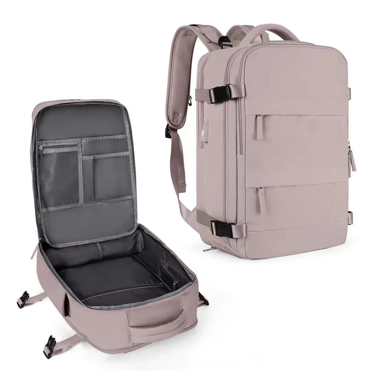 Large black waterproof mummy-style nylon backpack on a neutral background.