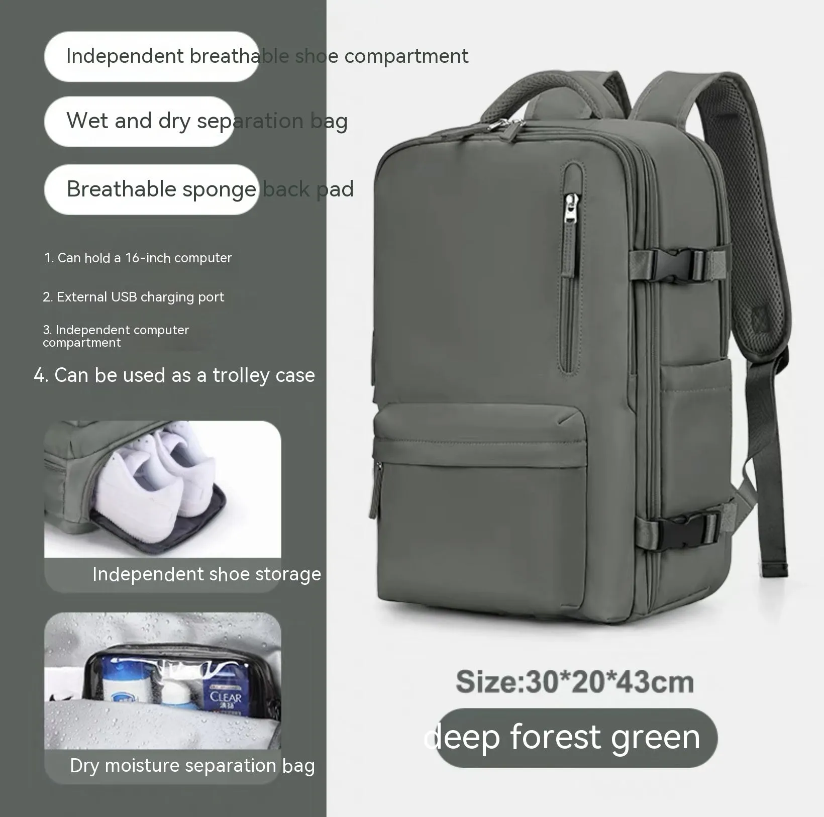 Large black waterproof mummy-style nylon backpack on a neutral background.