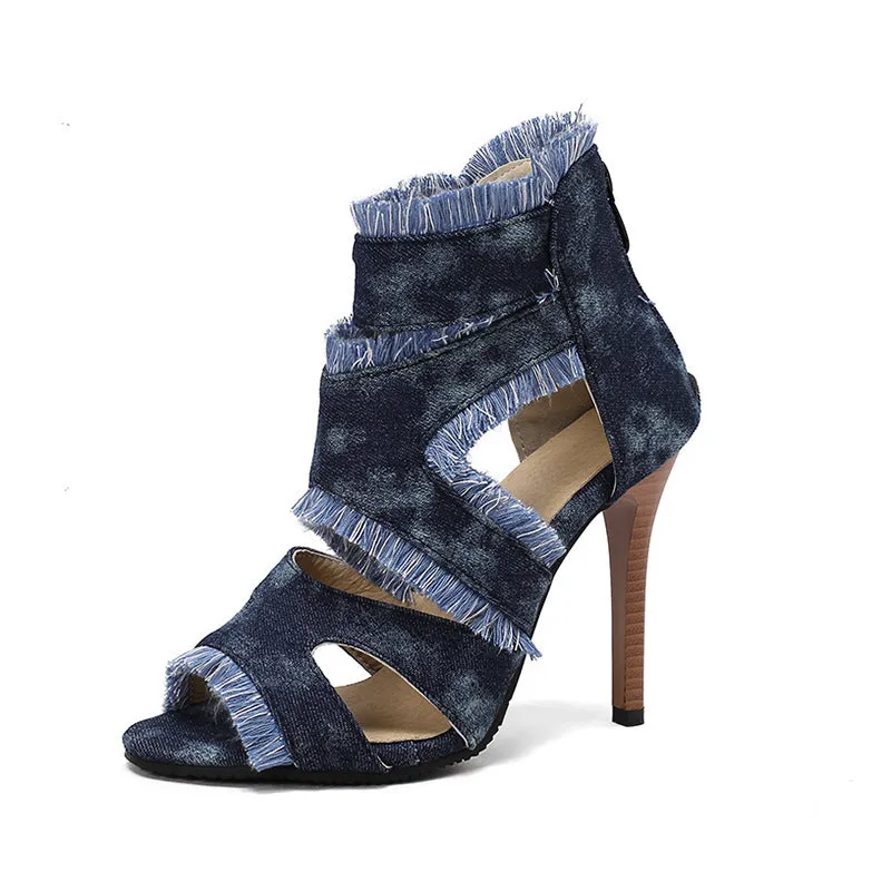 Women's plus size denim high heel sandals in leopard print, plaid, and dark blue colours.