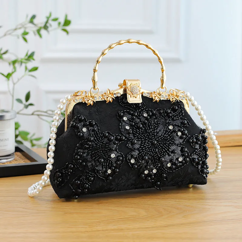 Pearl embroidered polyester handbag in horizontal square shape with double shoulder straps