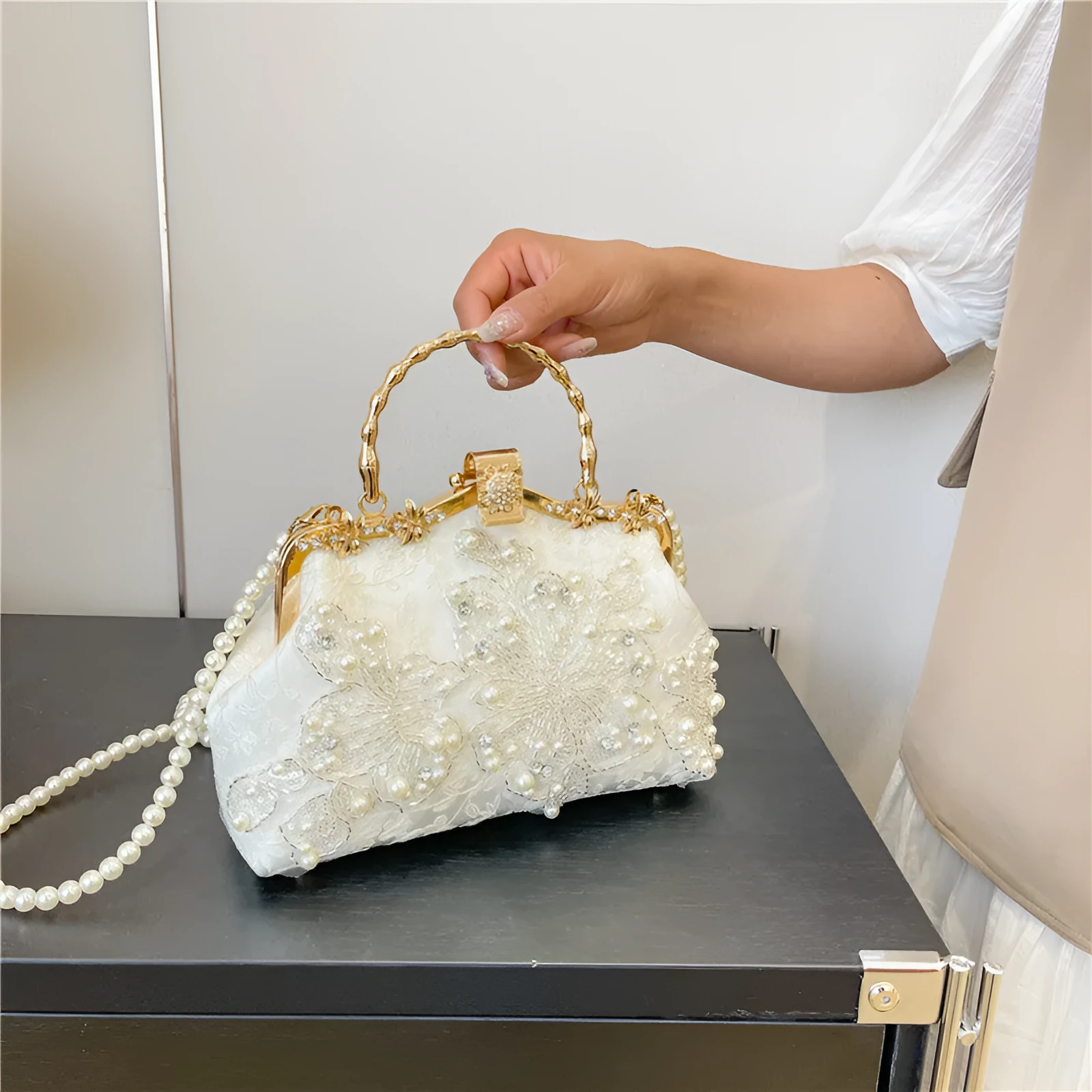 Pearl embroidered polyester handbag in horizontal square shape with double shoulder straps