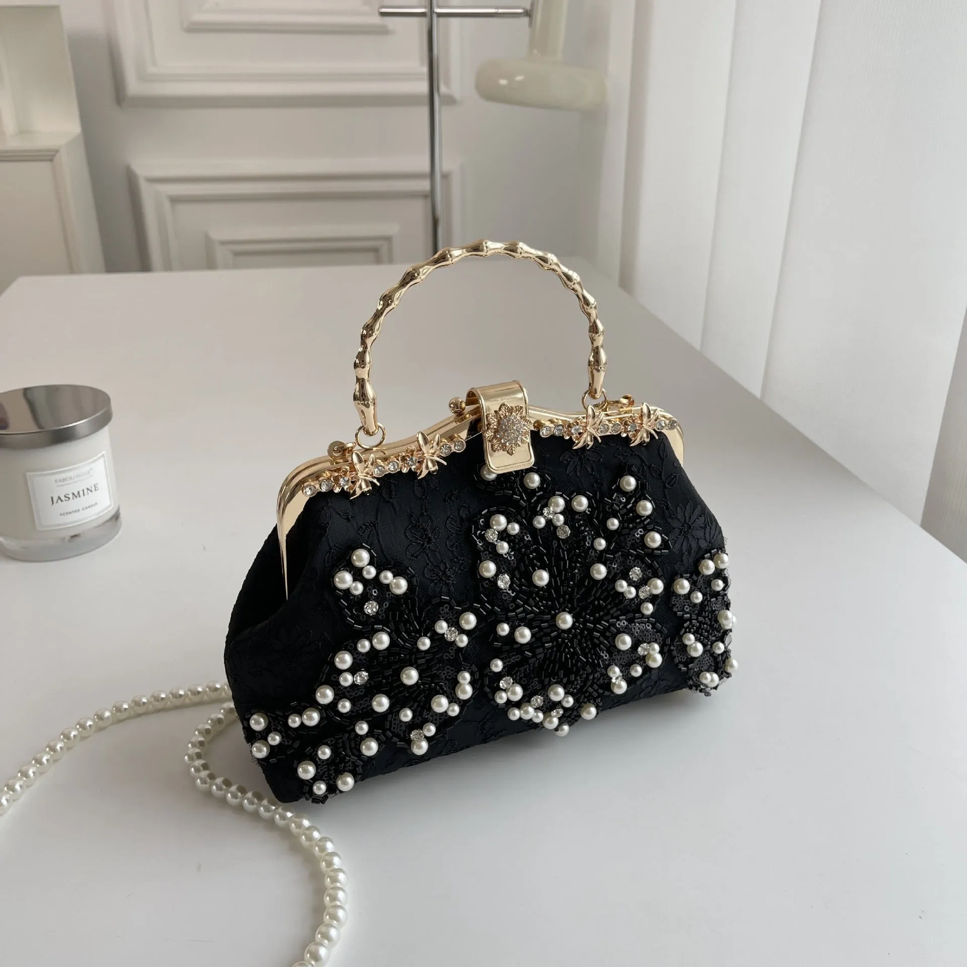 Pearl embroidered polyester handbag in horizontal square shape with double shoulder straps