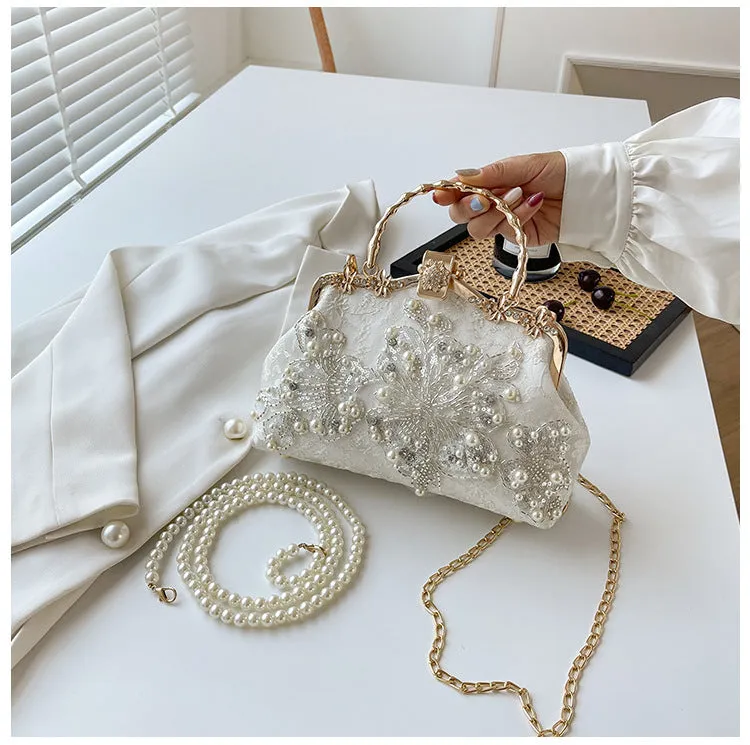 Pearl embroidered polyester handbag in horizontal square shape with double shoulder straps