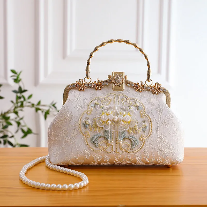 Pearl embroidered polyester handbag in horizontal square shape with double shoulder straps