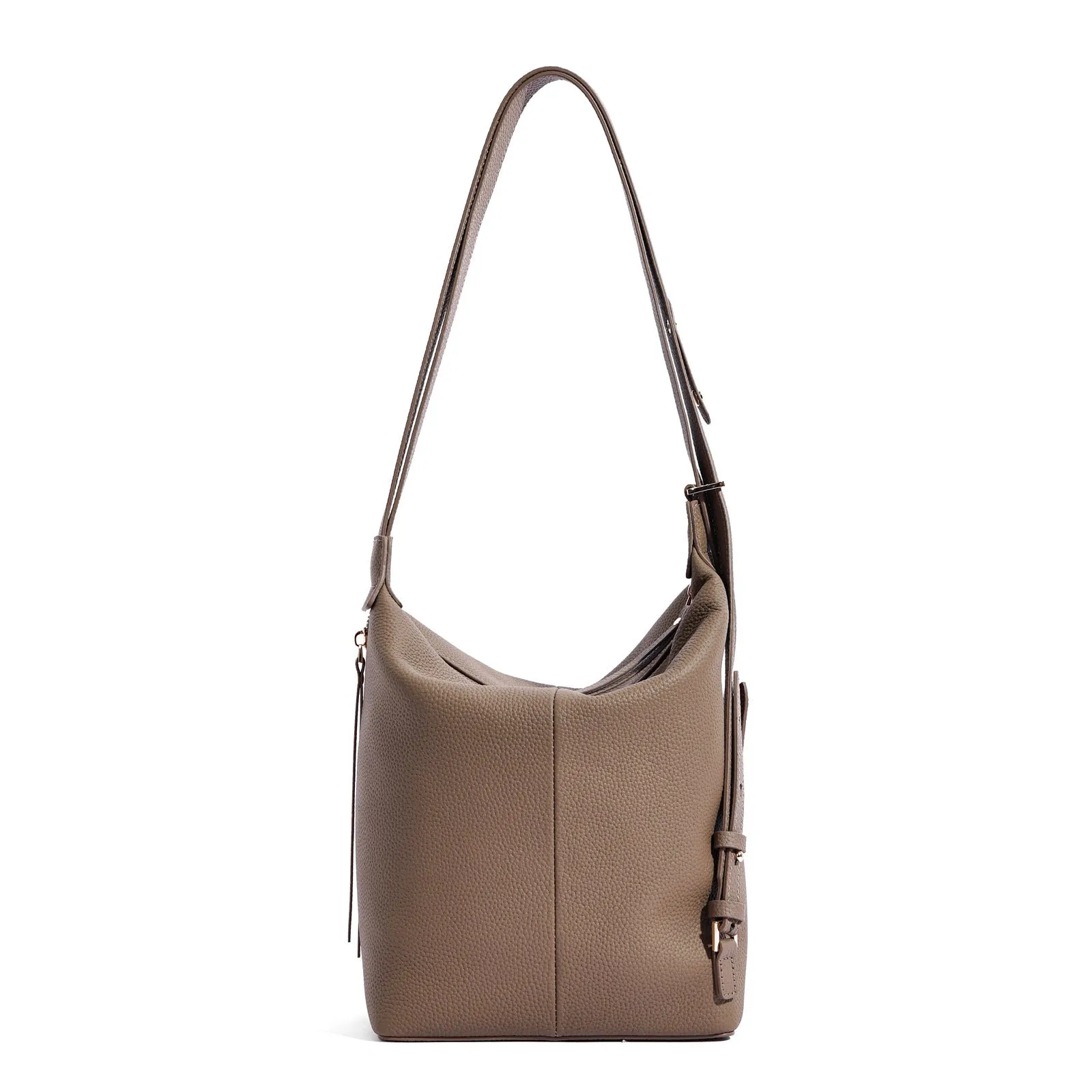 Women's genuine leather bucket shoulder bag in elephant grey colour showing soft construction