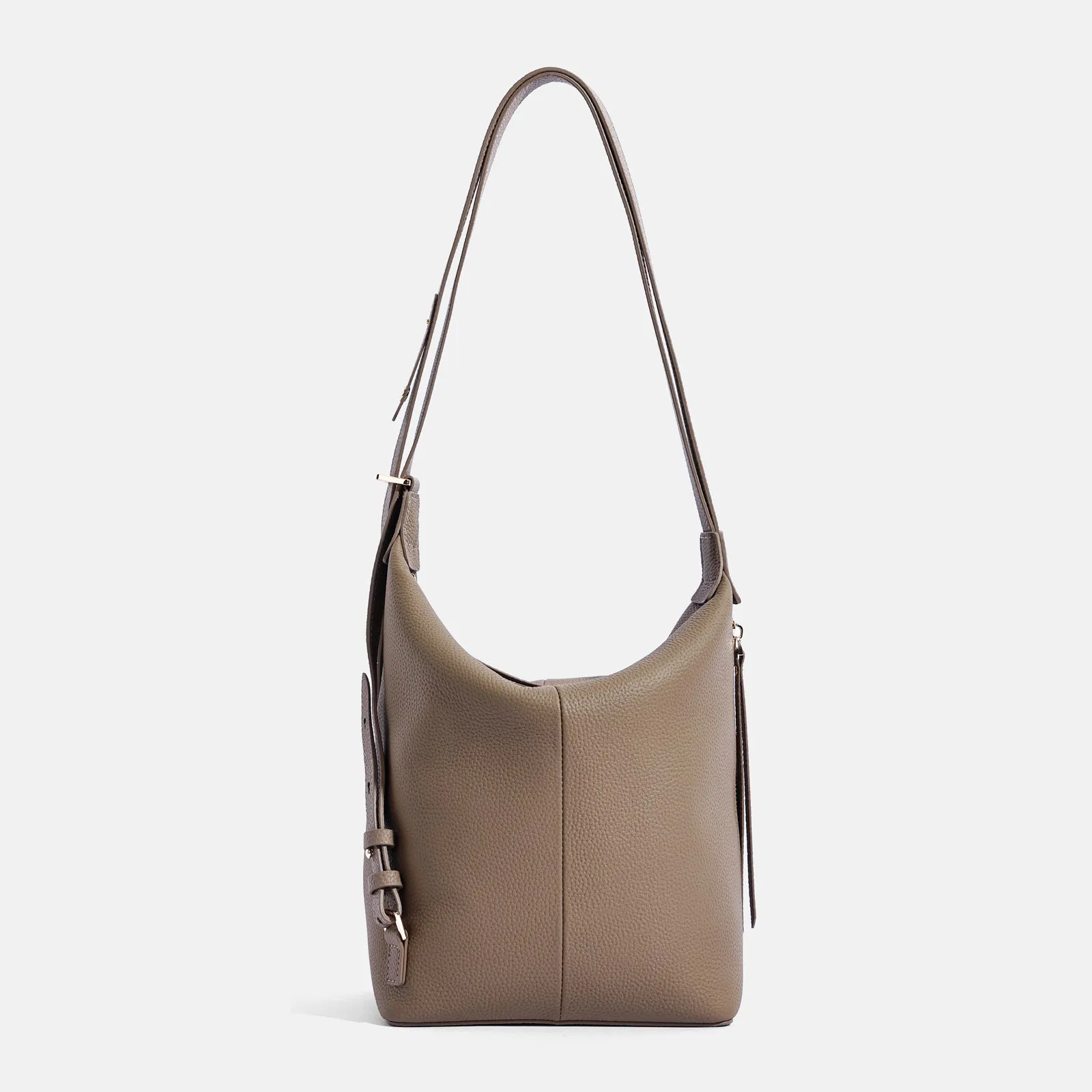 Women's genuine leather bucket shoulder bag in elephant grey colour showing soft construction