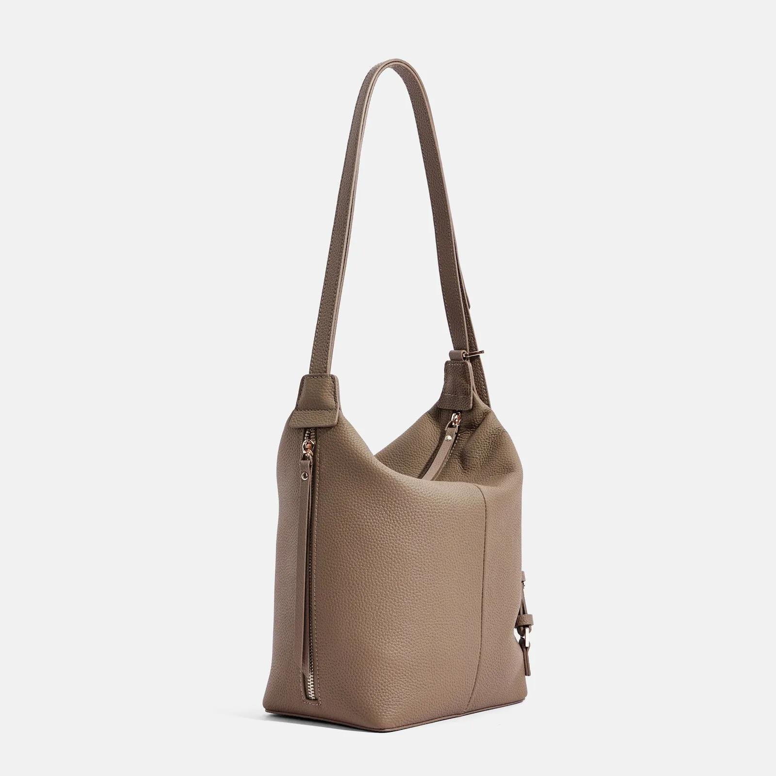 Women's genuine leather bucket shoulder bag in elephant grey colour showing soft construction