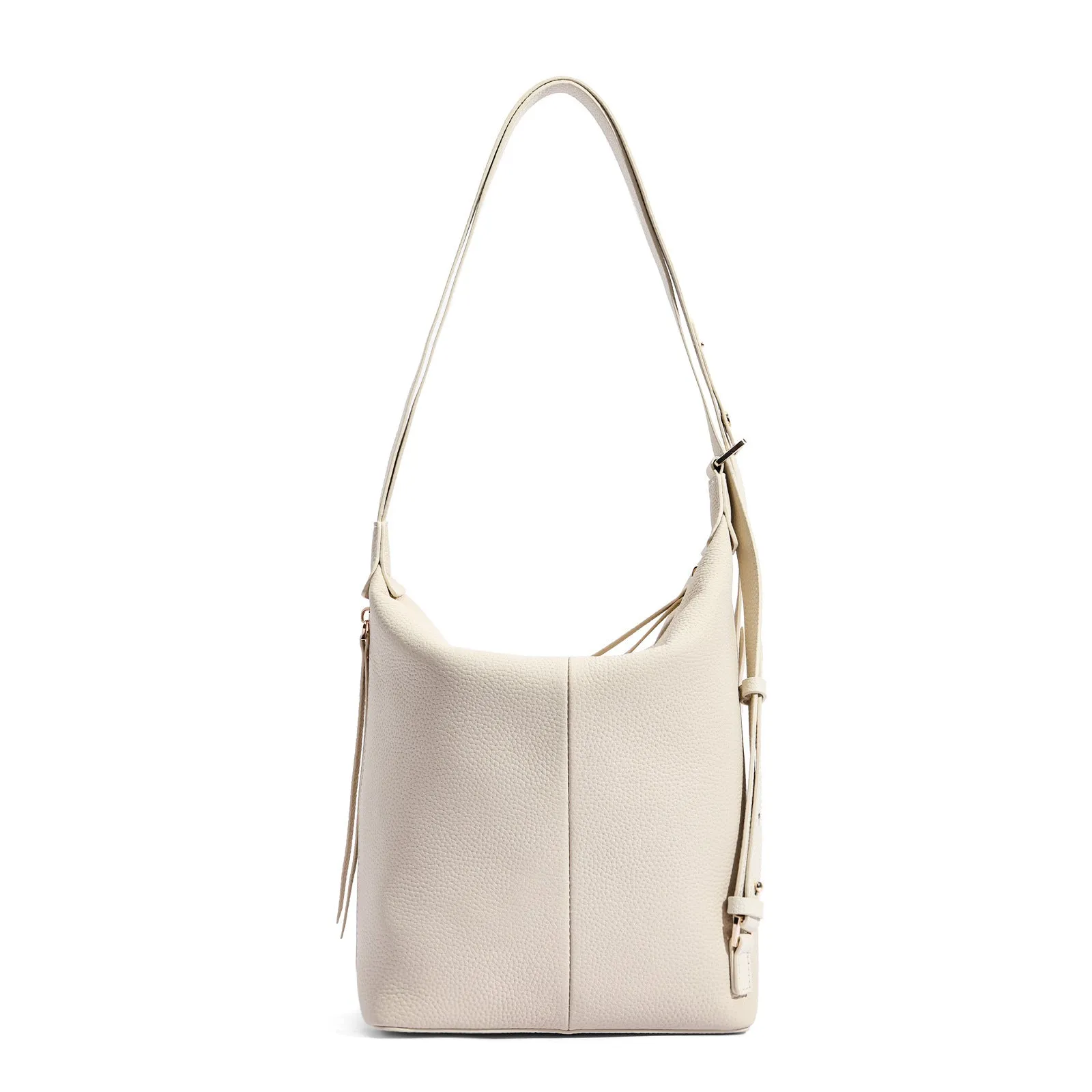 Women's genuine leather bucket shoulder bag in elephant grey colour showing soft construction