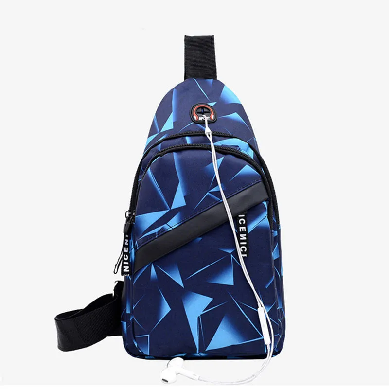Men's blue crossbody sling bag with an earphone hole and zipper pocket.