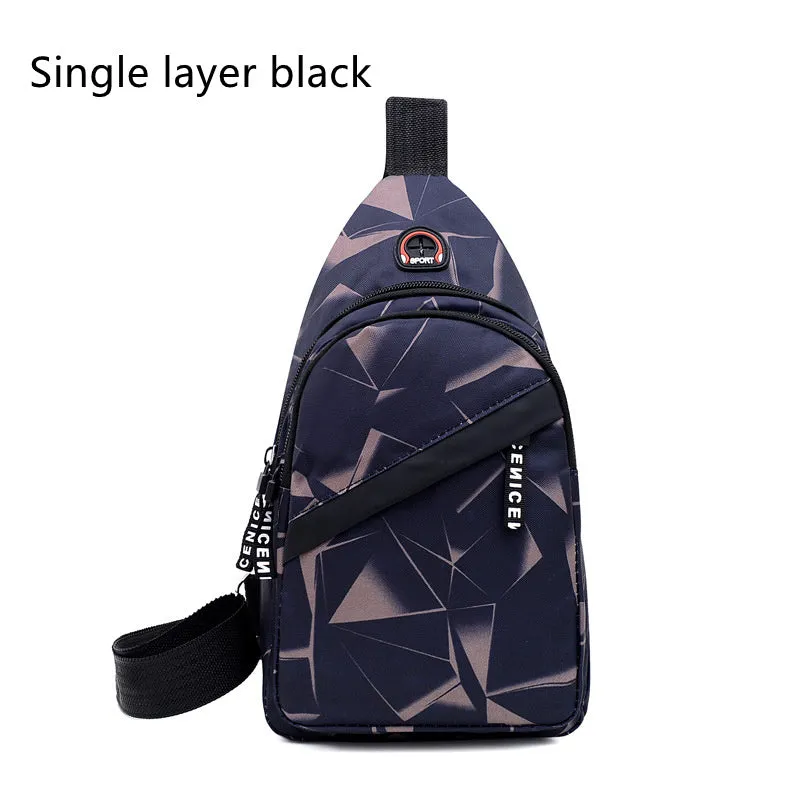 Men's blue crossbody sling bag with an earphone hole and zipper pocket.