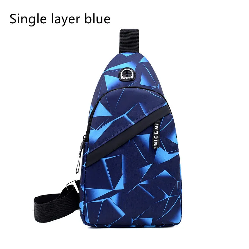 Men's blue crossbody sling bag with an earphone hole and zipper pocket.