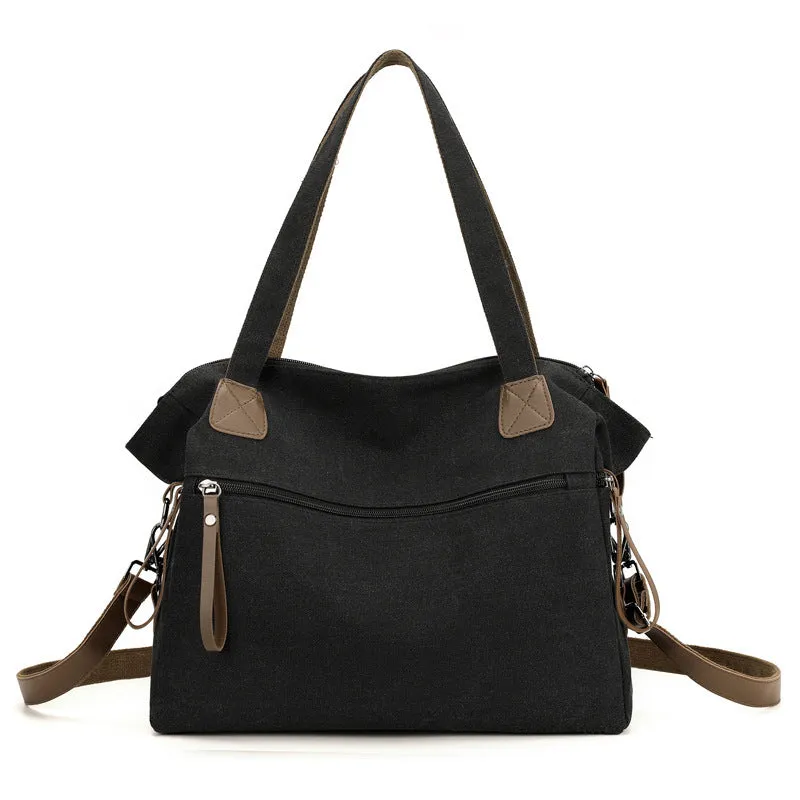 Large capacity retro canvas bag for women, soft horizontal square shape, available in four colours: gray, black, brown, khaki