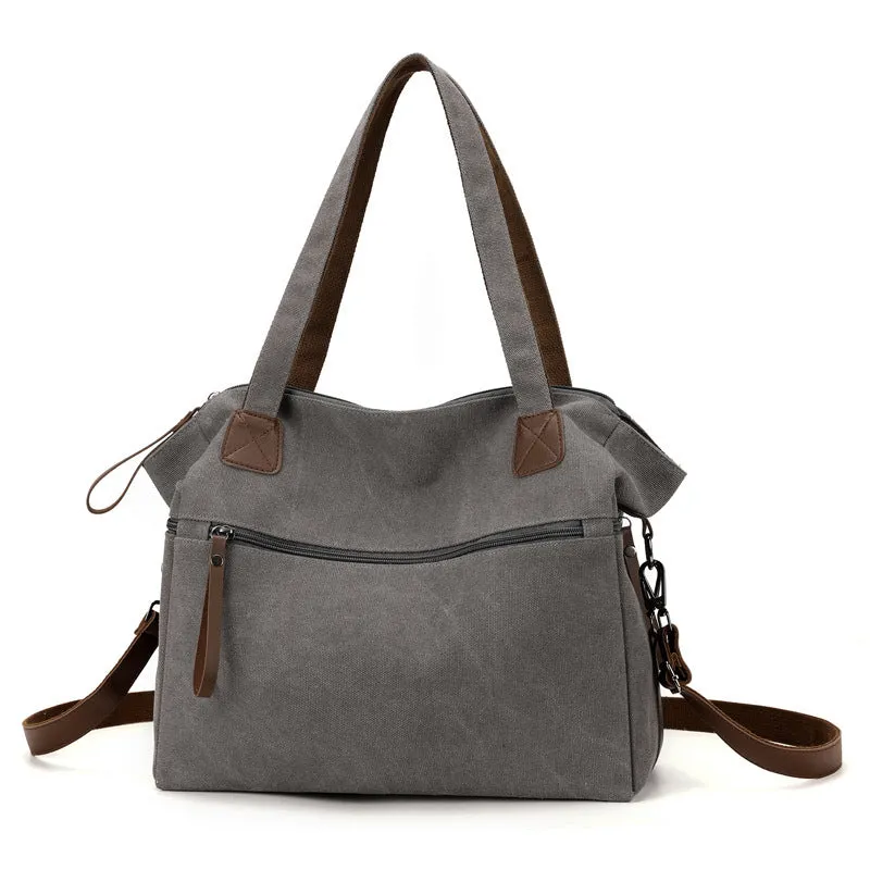 Large capacity retro canvas bag for women, soft horizontal square shape, available in four colours: gray, black, brown, khaki
