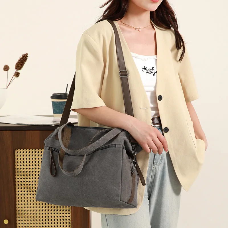 Large capacity retro canvas bag for women, soft horizontal square shape, available in four colours: gray, black, brown, khaki