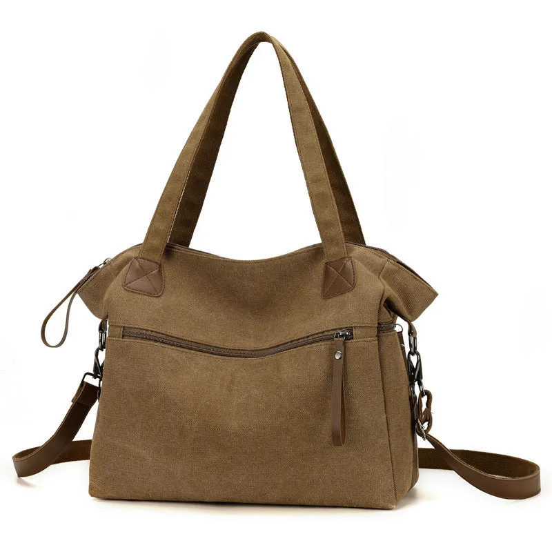 Large capacity retro canvas bag for women, soft horizontal square shape, available in four colours: gray, black, brown, khaki