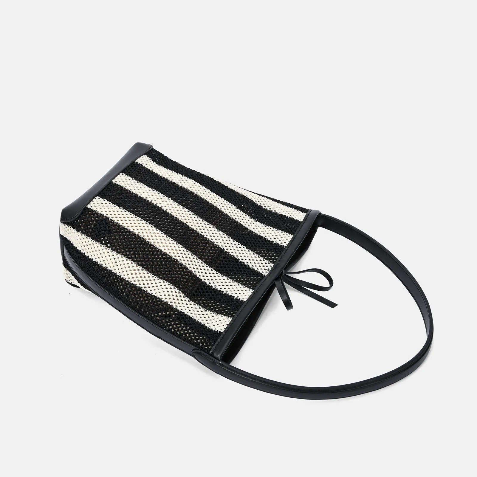 Black and white striped woven fabric women's shoulder bag with bucket shape