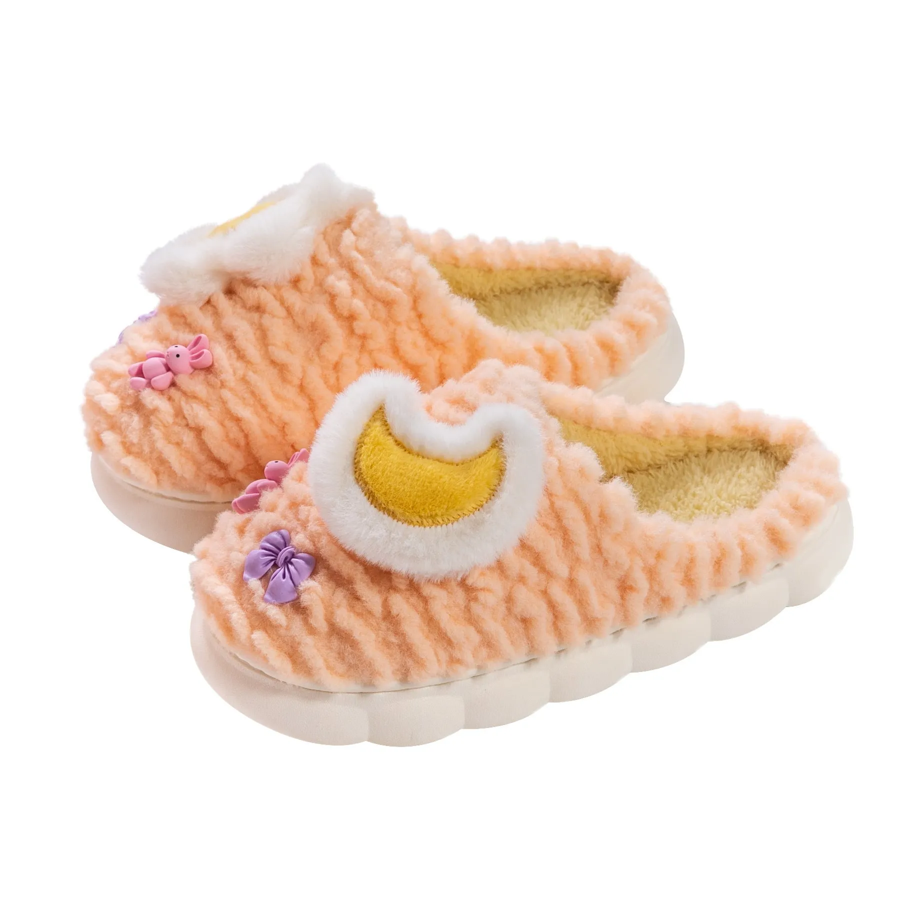 Light blue women's fleece-lined slippers with animal pattern, round toe, and thick sole.