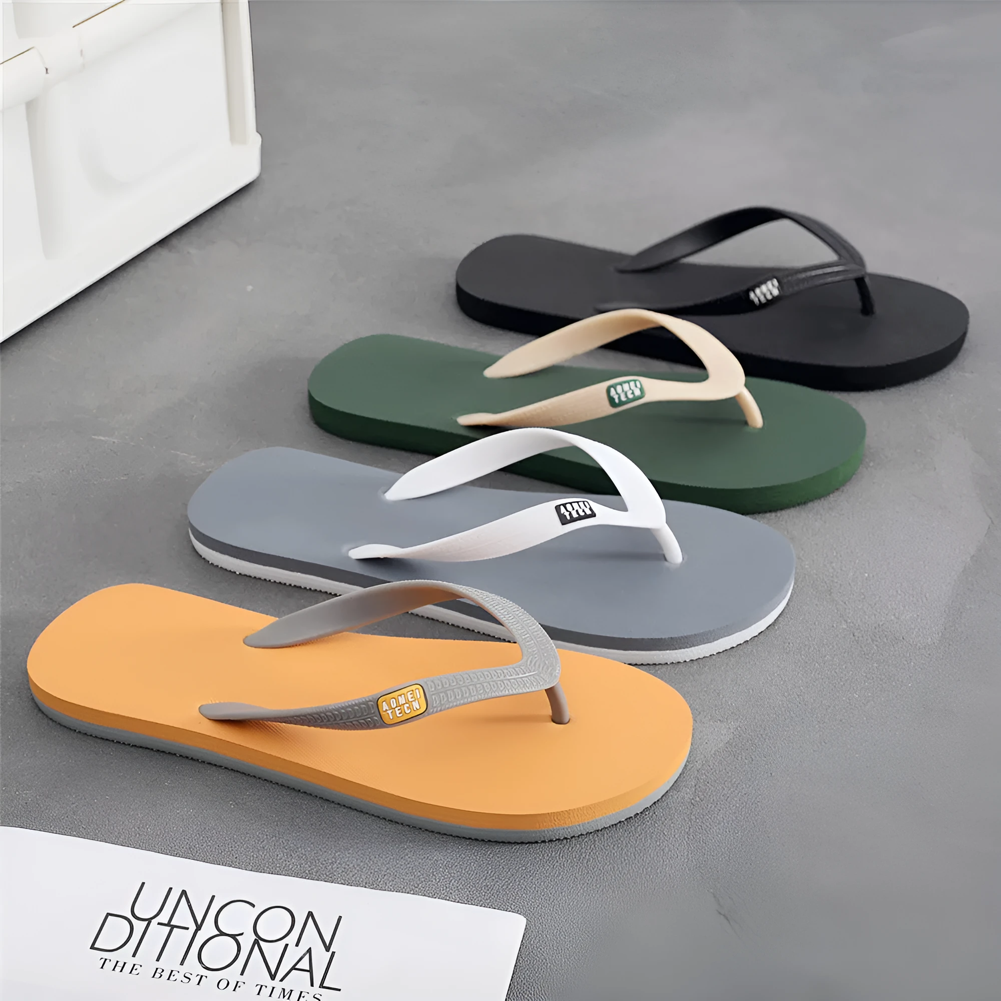 Men's black flip-flops with textured rubber sole and EVA upper