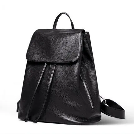 Black genuine leather women's backpack with multiple compartments and waterproof design