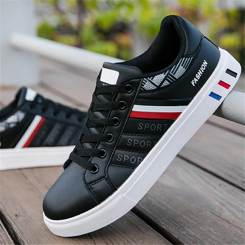 Men's black, grey, and white sports shoes showing size tags for EU 39 to 44.