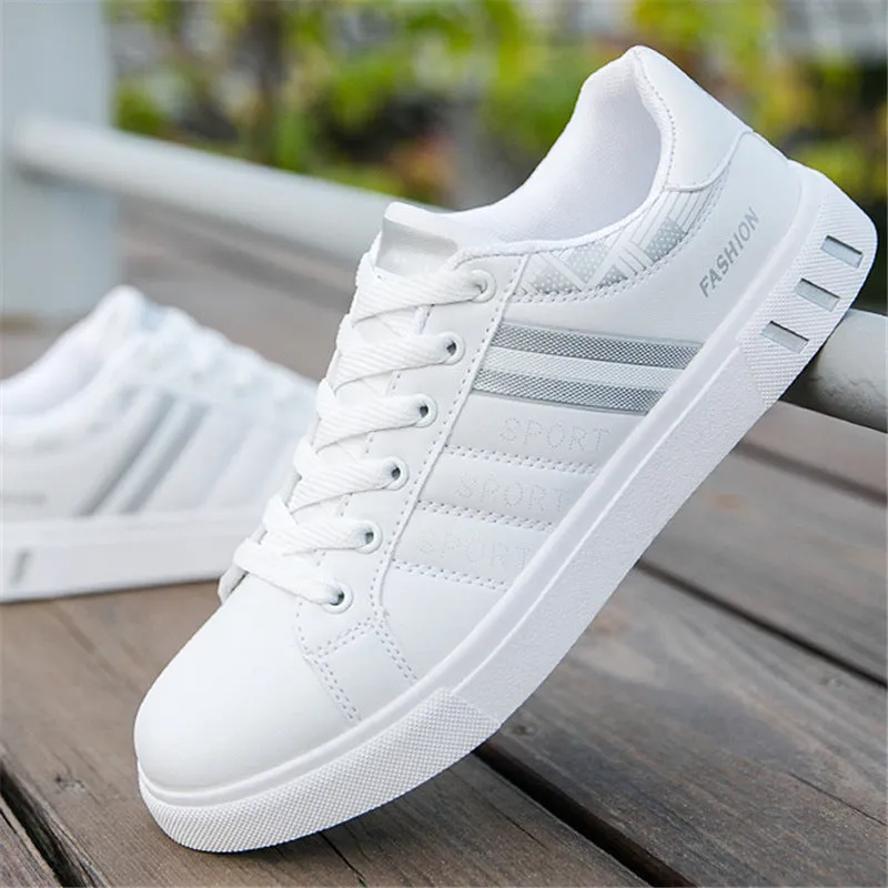 Men's black, grey, and white sports shoes showing size tags for EU 39 to 44.