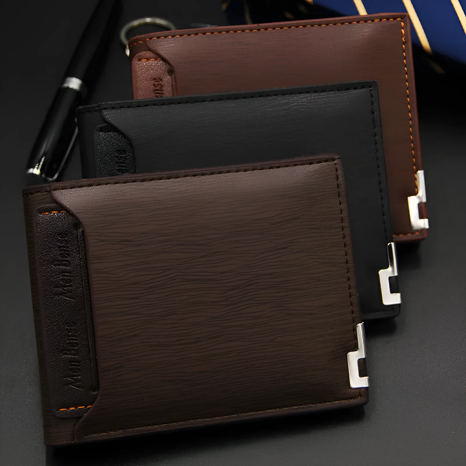 Men's black PU leather short wallet showing iron-edge card-picking design.